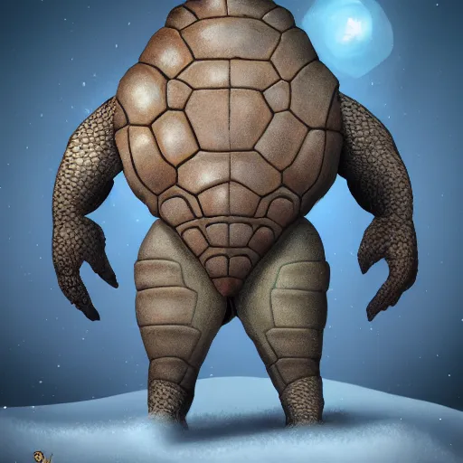 Image similar to anthropomorphic turtle humanoid, carapace, azamat khairov, blizzard, winter, night, furs, fantasy