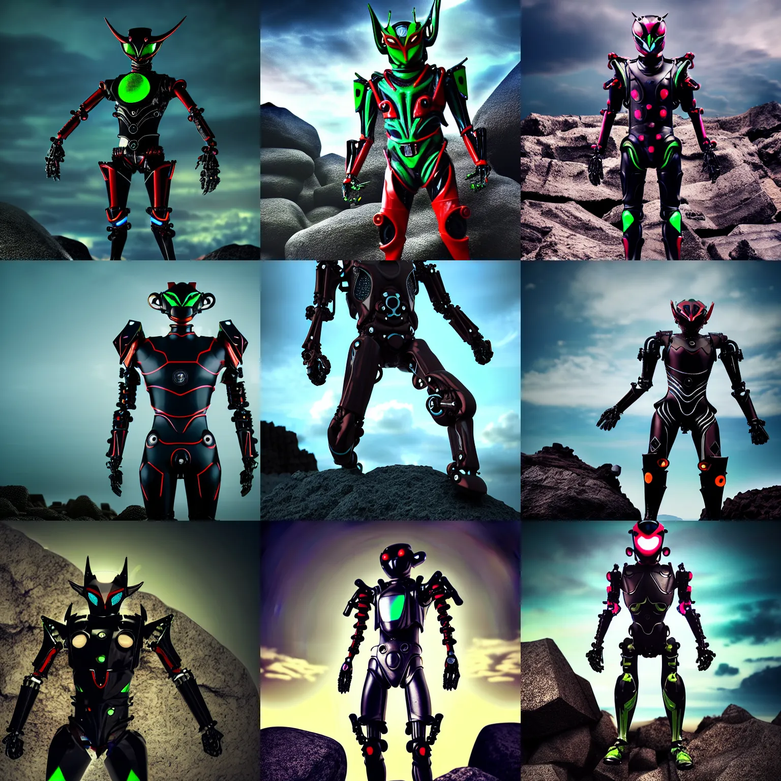 Prompt: Techno Organic Creature Kamen Rider standing in a rock quarry, single character full body, 4k, glowing eyes, rock quarry location, daytime, rubber suit, pvc armor, segmented armor, biomechanical, ultra realistic, moody colors, ultra realistic, Beautiful Cinematography