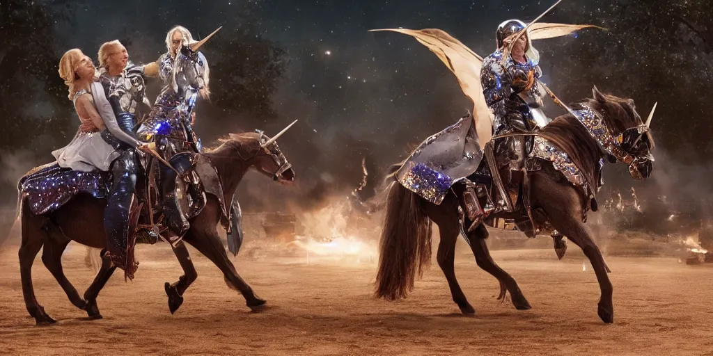 Image similar to stephen hawking jousting on a sparkly unicorn the last knight cinematic