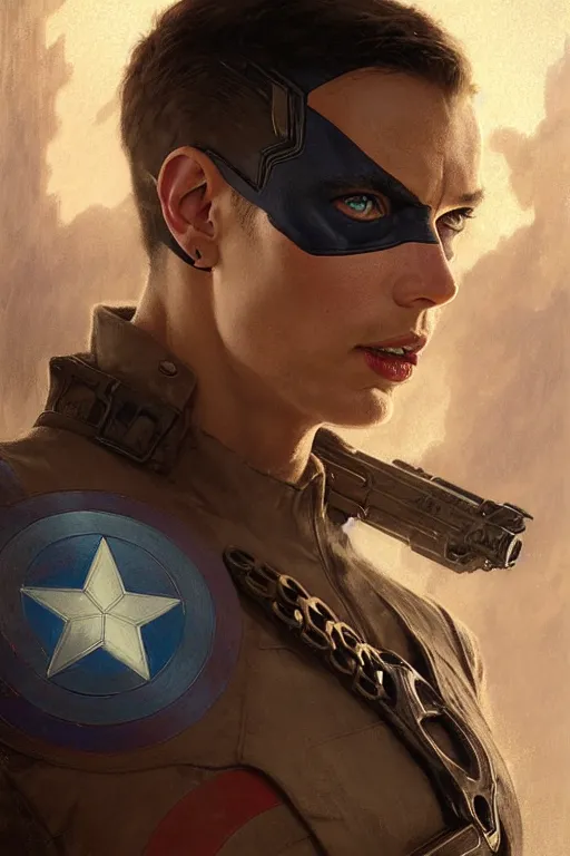 Prompt: captain America as aeon flux profile picture by Greg Rutkowski, matte painting, intricate, fantasy concept art, elegant, by Stanley Artgerm Lau, golden ratio, thomas kindkade, alphonse mucha, loish, norman Rockwell,