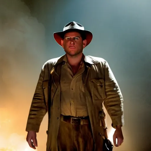 Image similar to Jonah Hill as indiana jones in raiders of the lost ark, 8k resolution, full HD, cinematic lighting, award winning, anatomically correct