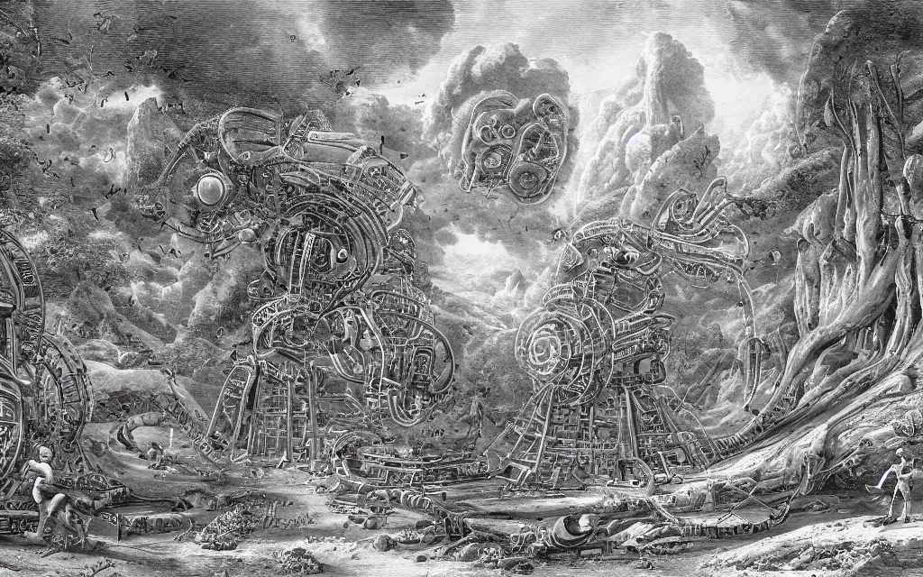 Prompt: complex alien technology that can control time, used to travel back in time or to slow down time by asher brown durand and laurie lipton, style of barr relief