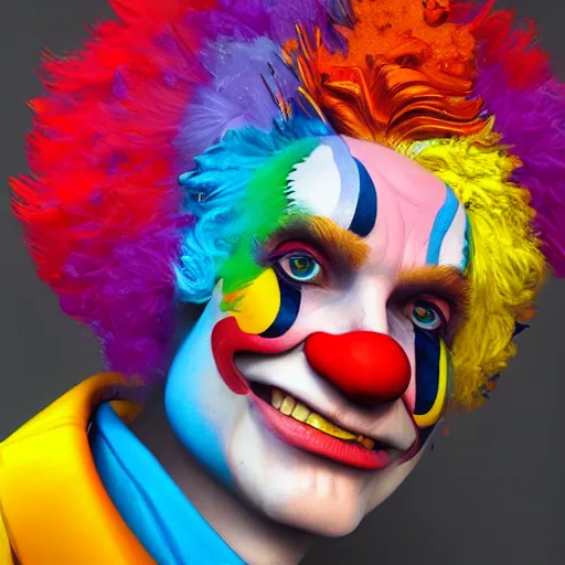 Image similar to Portrait of a colorful happy joyful clown, artstation, cgsociety, masterpiece