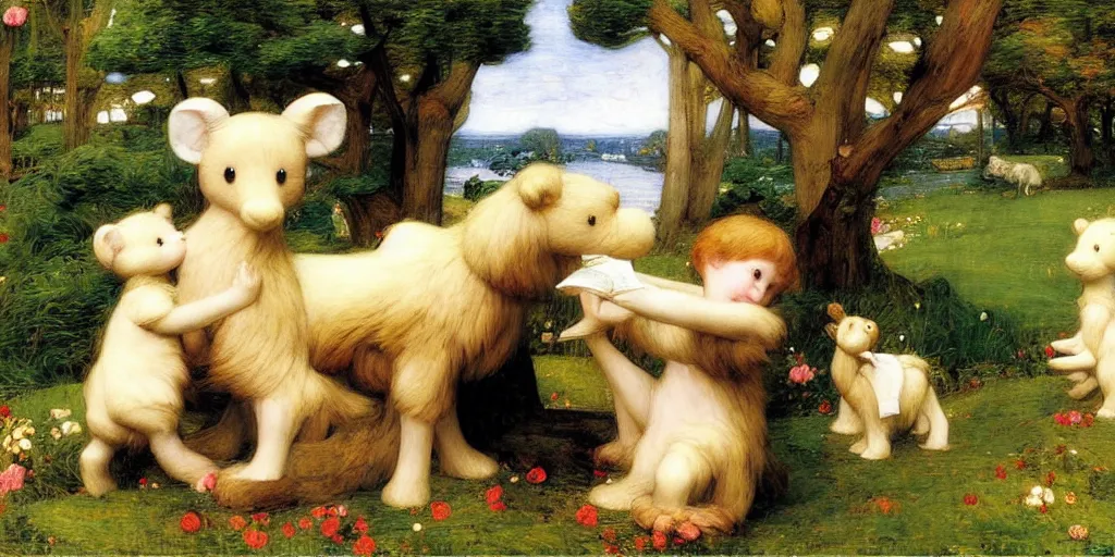 Image similar to 3 d precious moments plush animal, master painter and art style of john william waterhouse and caspar david friedrich and philipp otto runge