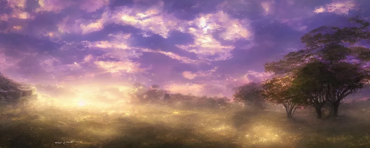 Image similar to a beautiful landscape of a sunset violet evergarden style, concept art, digital art