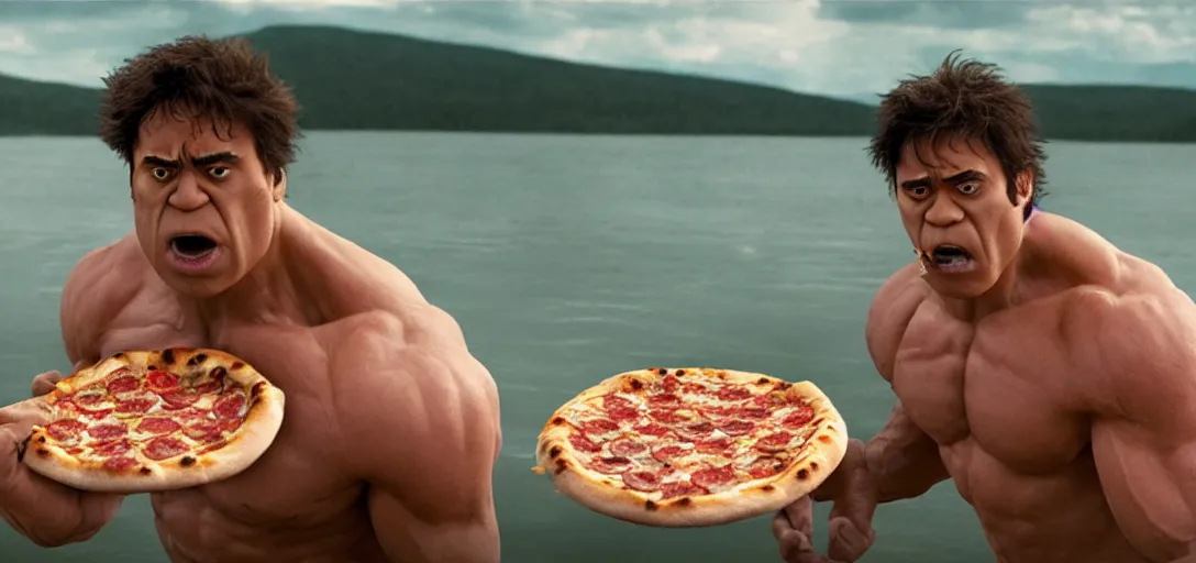 Image similar to a very high resolution image from a new movie. hulk eating pizza on a lake, photorealistic, photography, directed by wes anderson