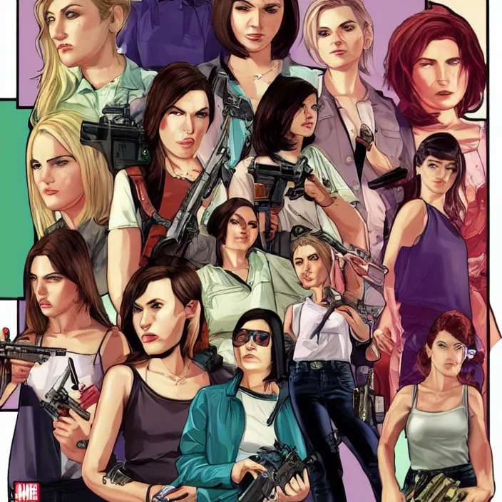 Prompt: female protagonists in gta, cover art by stephen bliss, boxart