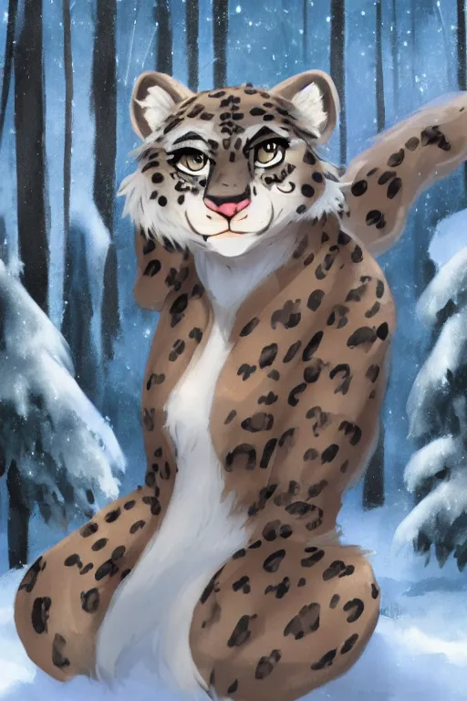 Prompt: a pretty medieval anthropomorphic snow leopard with a fluffy tail in the forest, comic art, trending on furaffinity, cartoon, kawaii, backlighting, furry art!!!, radiant light, bokeh, trending on artstation, digital art