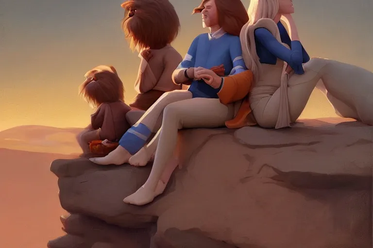 Prompt: beautiful painting of friends, beautiful faces, sitting on the edge, cute, soft light, digital painting by ralph mcquarrie and fra engelico