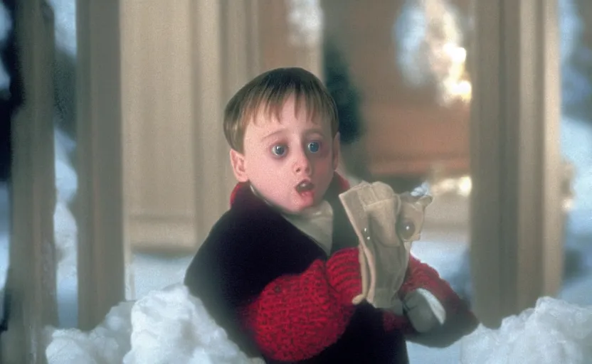 Image similar to Kieran Culkin as Kevin McCallister in 'Home Alone 2' (1992), movie still frame, oscar nominated cinematography, volumetric lighting, 8k resolution, beautiful composition