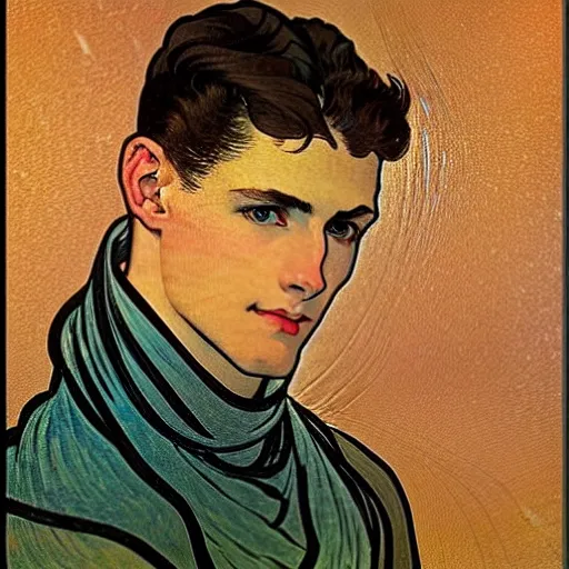 Prompt: portrait painting of young handsome beautiful human man with short messy partly shaved dark brown hair and blue eyes and strong jawline and small scar under one eye in his 2 0 s named vidar, wearing armor!, modest, masculine jawline!, squarish face shape, art by alphonse mucha, vincent van gogh, egon schiele