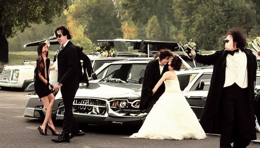 Image similar to Tim Burton movie about an evil hearse attacking people at a wedding