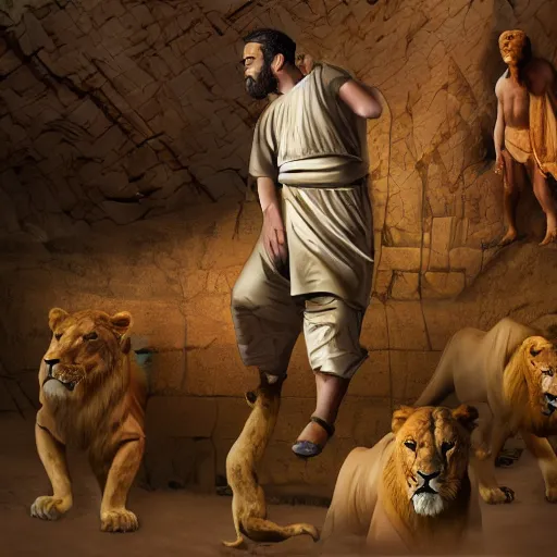 Prompt: film still of 3 5 year old man in ancient canaanite clothing surrounded by ferocious lions. cave interior background, hd wallpaper, 8 k