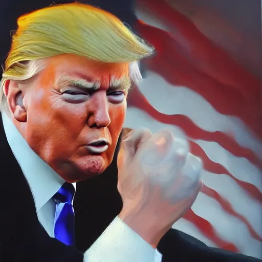 Prompt: perfect, realistic oil painting of Donald Trump, by Sakimichan, by an American professional senior artist, Hollywood concept, dynamic composition and motion, postproduction.