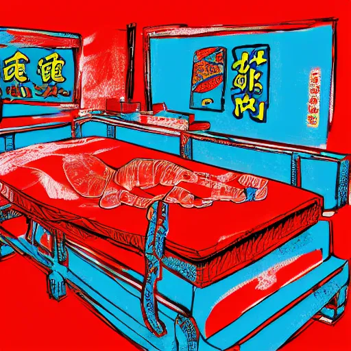 Prompt: chinese body on an operating table, in the style of daniel johnston and outsider art, 8k, line brush, minimal, overlaid with chinese adverts, very detailed