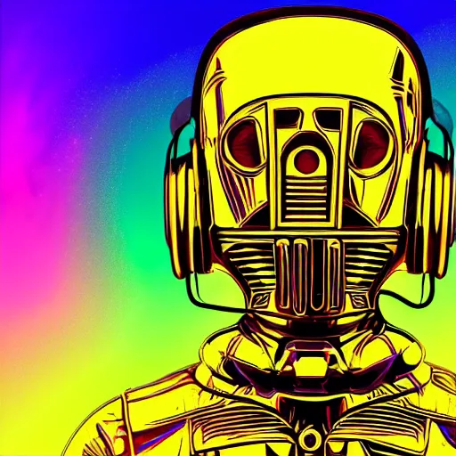 Image similar to artgerm, psychedelic laughing c 3 p 0, rocking out, headphones dj rave, digital artwork, r. crumb, svg vector