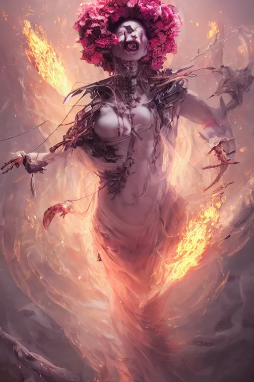 Image similar to face closeup of beautiful girl necromancer, witch - doctor exploding into flowers, angels, 3 d render, hyper - realistic detailed portrait, holding fire and electricity, leaves and magic, ruan jia, wlop. scifi, fantasy, magic the gathering, hyper detailed, octane render, concept art, peter mohrbacher