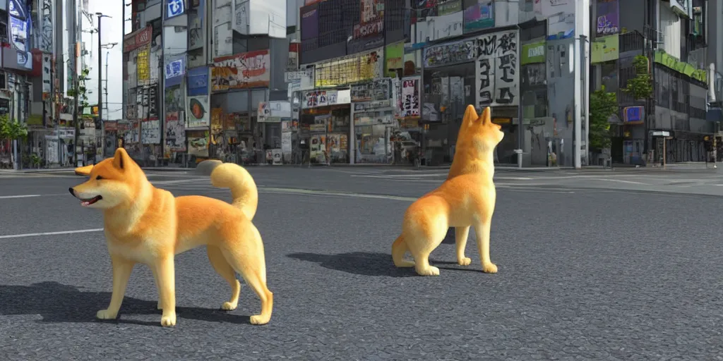 Prompt: a highly detailed render of a giant shiba inu standing in tokyo, hyperrealistic, realistic, 8 k, made in unreal engine 5
