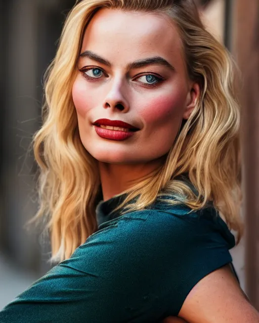 Image similar to Beautiful Head and shoulders portrait of confident flirty margot robbie with straight long blonde hair, by Zoë Mozert , alberto Vargas, arney freytag, artstation, 35mm, fashion photoshoot, posing in an urban street, golden hour, bokeh, rim lighting, fashion pose, octane, 4k