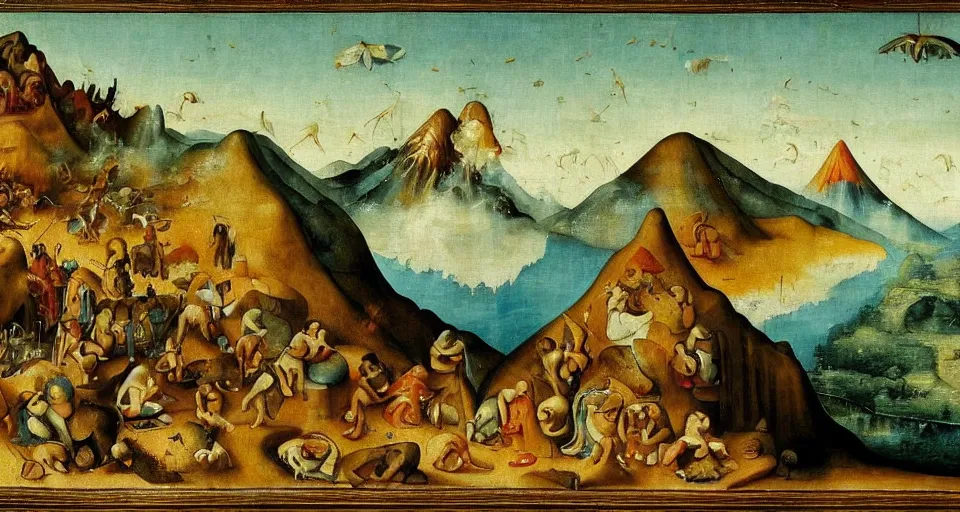 Image similar to !dream the creation of a volcano, divine inspired painting, masterpiece, intricate details, incredible painting, painted by the great masters and bosch