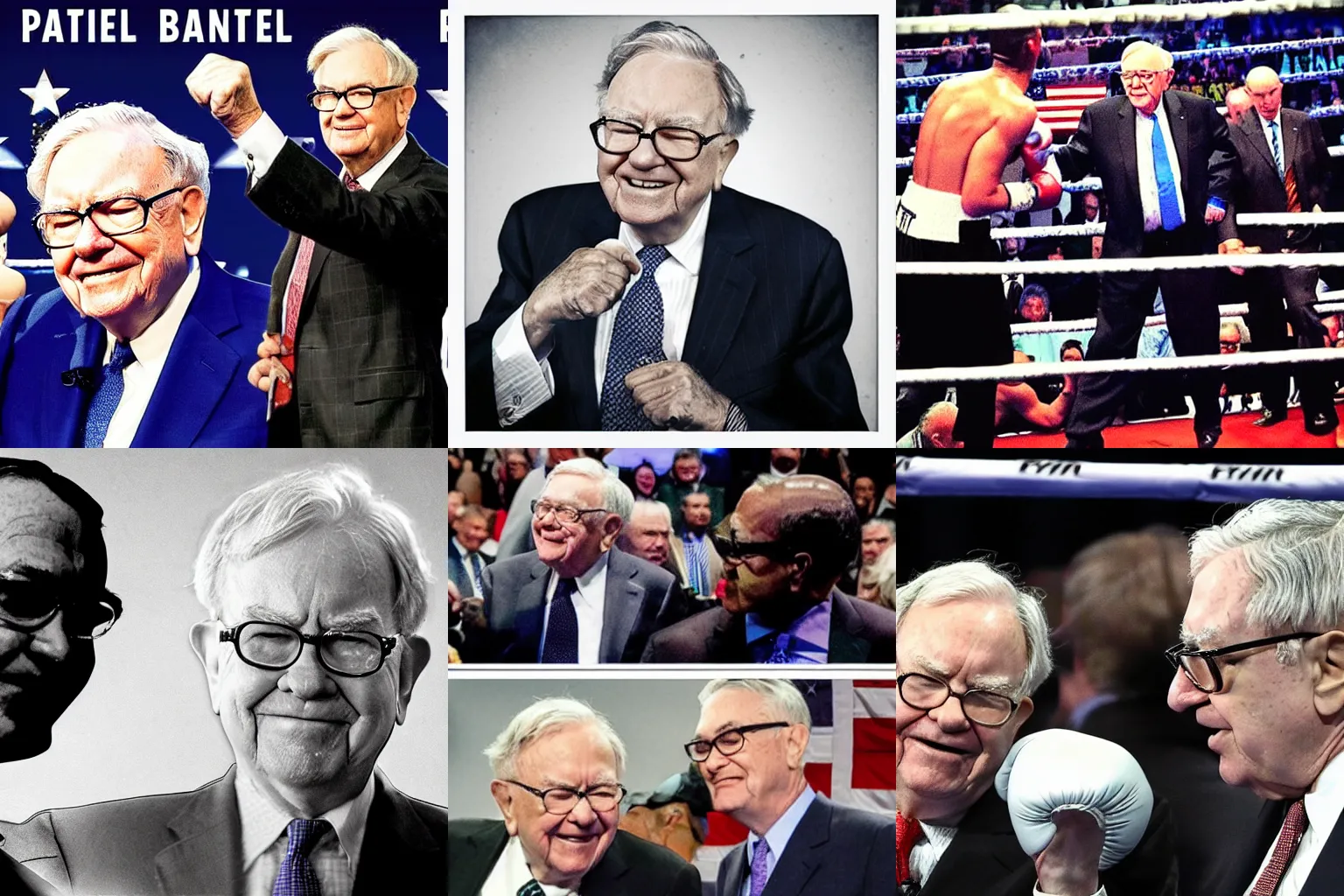 Prompt: “Warren buffet landing the knockout punch on Jerome Powell in a major league boxing match”