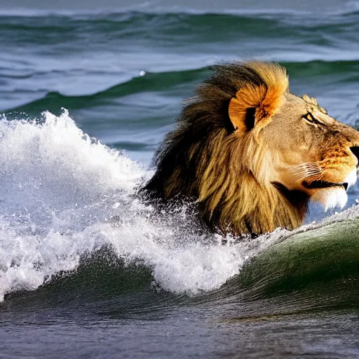 Image similar to a lion's face breaching through a wave