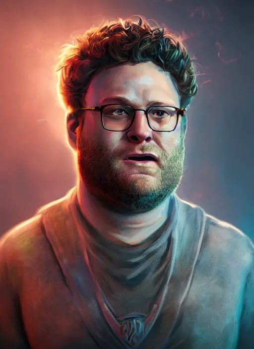 Image similar to An epic fantasy comic book style portrait painting of Seth rogen, unreal 5, DAZ, hyperrealistic, octane render, cosplay, RPG portrait, dynamic lighting