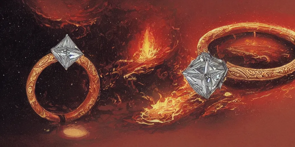 Image similar to magic ring with a diamond, fire, flame, engraving, d & d, item, graphic, close - up, design, shimmer, artbook, page, detailed, trending on artstation, cgsociety, ralph mcquarrie and greg rutkowski