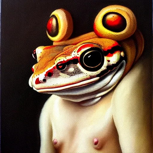 Image similar to a head and shoulders portrait painting of an anthropomorphic!!!!!!!!!! amazon milk frog!!!!!!!!!! wearing a colonial!!!!!!!!!! outfit without a hat looking off camera, a character portrait, romanticism, oil on canvas, visible brushstrokes, intense colors