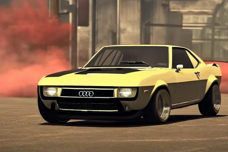 Image similar to audi camaro b 1 ( 1 9 6 9 ) drifting, need for speed : carbon, neon lines, ultra phonk, phonk music background, smoke behind wheels, noise, dark, establishing shot, through the streets of riften