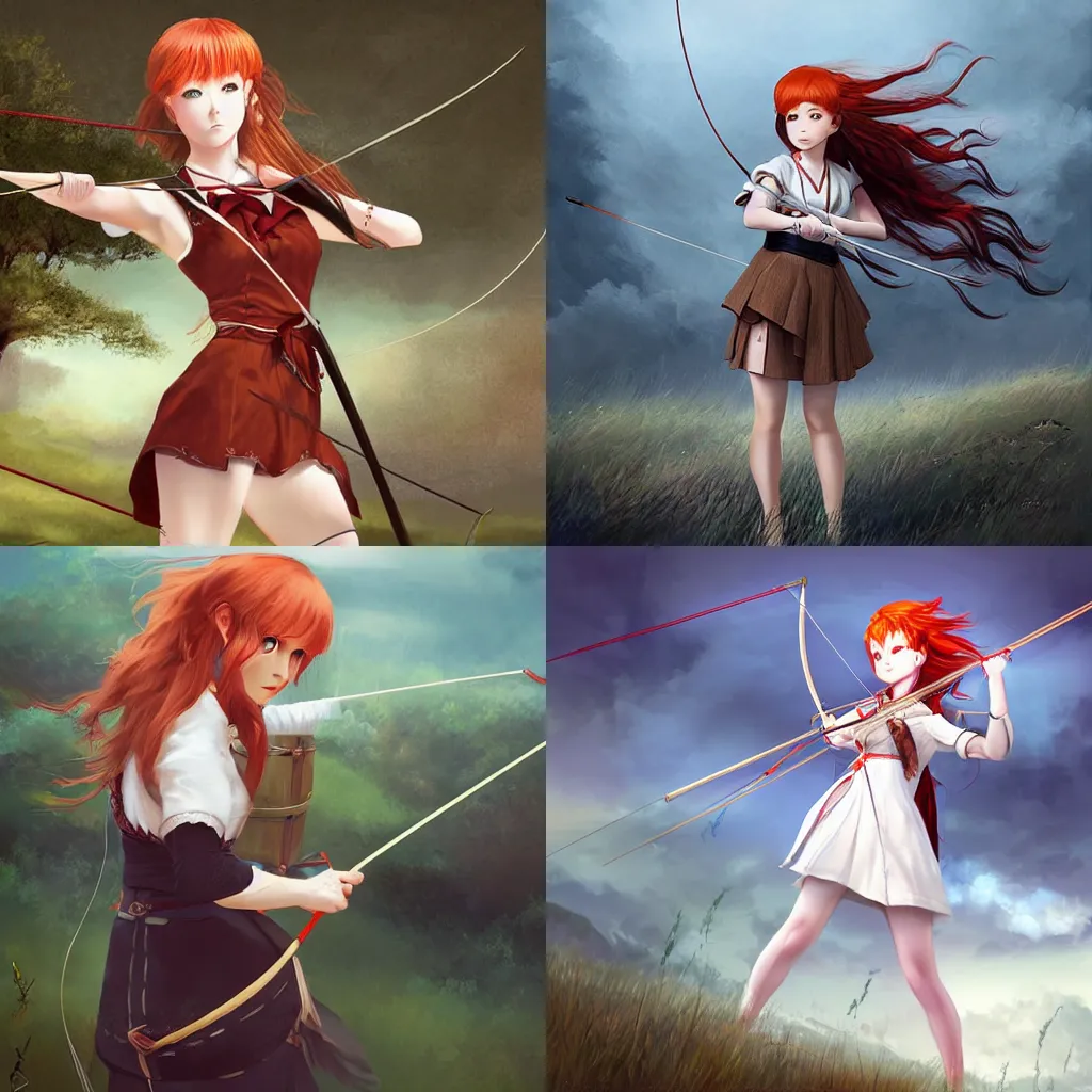 Prompt: A redheaded female archer with a cotton dress, pulling her bow and aiming at her target, standing at the top of a hill. Dark fantasy anime, digital painting by WLOP.