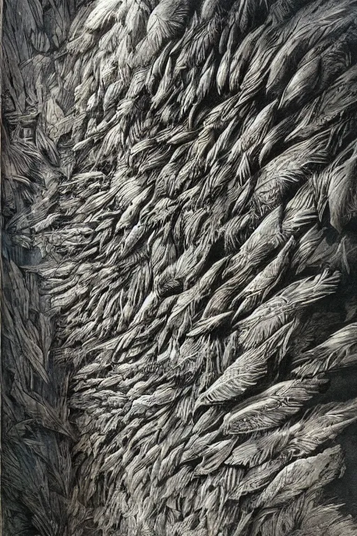 Image similar to hyperdetailed brutalist sculpted wall of feathers and fungus by berto lardera and illustrated by alan lee