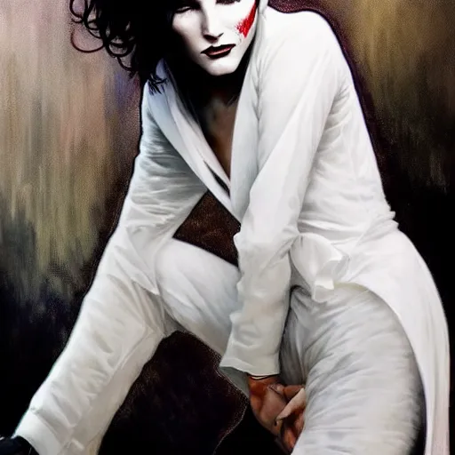 Image similar to beautiful portrait of androgynous ruby rose as desire from sandman in a white tuxedo!!!, rockabilly style, by alphonse mucha, cedric peyravernay, by jeremy mann, by frank moth, white suit and black tie, soft lightning, high detailed, 8 k