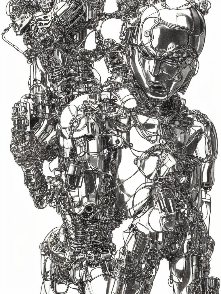 Image similar to prompt: Fragile looking figure, portrait face drawn by Katsuhiro Otomo, full body character drawing, inspired by Evangeleon and Akira 1988, cyborg and wire details parts with details, clean ink detailed line drawing, intricate detail, manga 1990, golden ration composition