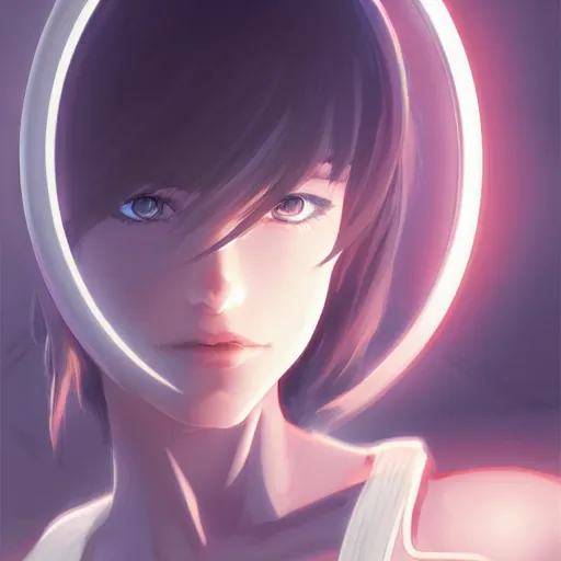 Image similar to digital anime, cyborg - girl looking into a mirror, reflections, wlop, ilya kuvshinov, artgerm