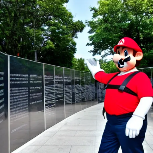 Prompt: mario dancing in front of vietnam memorial, wide angle