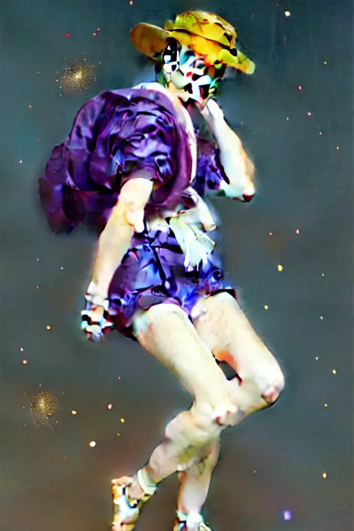 Image similar to Full View girl with short blond hair wearing an oversized purple Beret, Baggy Purple overall shorts, Short Puffy pants made of silk, silk shoes, a big billowy scarf, Golden Ribbon, and white leggings Covered in stars. Short Hair. masterpiece 4k digital illustration by Ruan Jia and Mandy Jurgens and Artgerm and william-adolphe bouguereau, award winning, Artstation, art nouveau aesthetic, Alphonse Mucha background, intricate details, realistic, panoramic view, Hyperdetailed, 8k resolution, intricate art nouveau