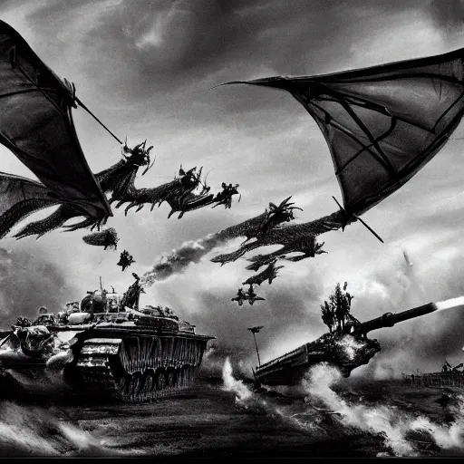 Image similar to black and white photo Dragons in Battle of Kursk WWII, dragons flying, tanks