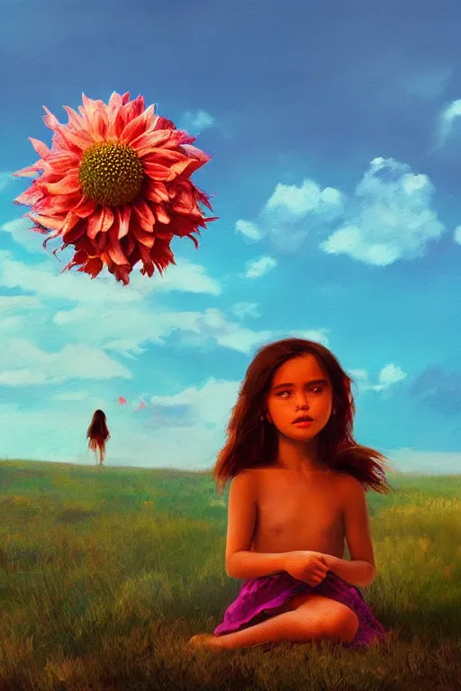 Image similar to closeup giant dahlia flower head, girl sitting on beach, surreal photography, blue sky, sunrise, dramatic light, impressionist painting, digital painting, artstation, simon stalenhag