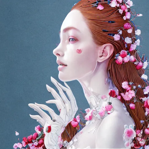 Image similar to the portrait of an absurdly beautiful, graceful, elegant, sophisticated, fashionable young woman made of strawberries and white petals with tears, an ultrafine hyperdetailed illustration by kim jung gi, irakli nadar, intricate linework, bright colors, octopath traveler, final fantasy, unreal engine 5 highly rendered, global illumination, radiant light, detailed and intricate environment