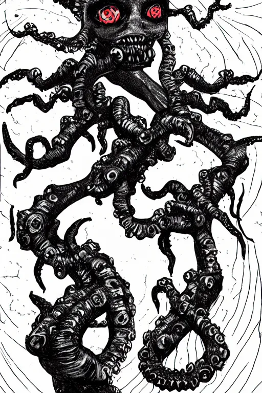 Image similar to biblically accurate lovecraftian girl, studio gainax illustration, multiple limbs, scary, threatening, dark lineart