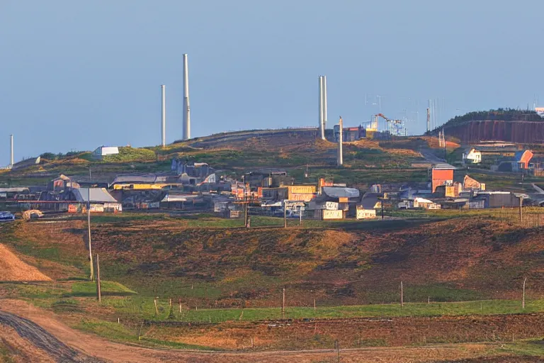 Prompt: a road next to warehouses, and a hill background with a radio tower on top, 3 0 0 mm telephoto lens