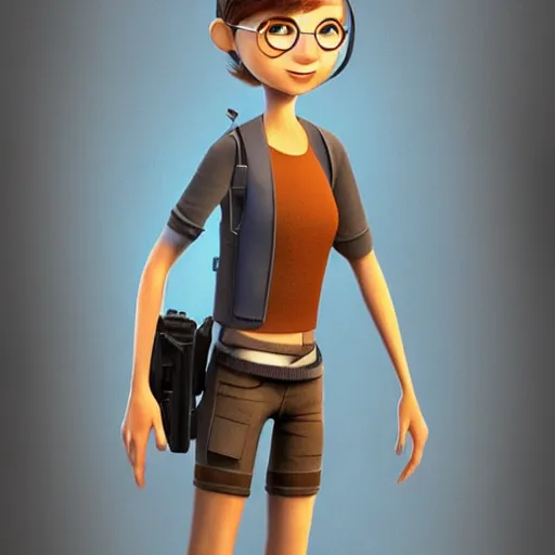 Image similar to a 3 d concept art of a armed sci - if girl by pixar studio.