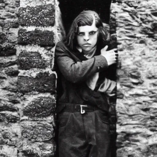 Image similar to An extremely terrified young man with long hair in 1930s attire cornered with his back against a stone wall. Scared look, panic, horror