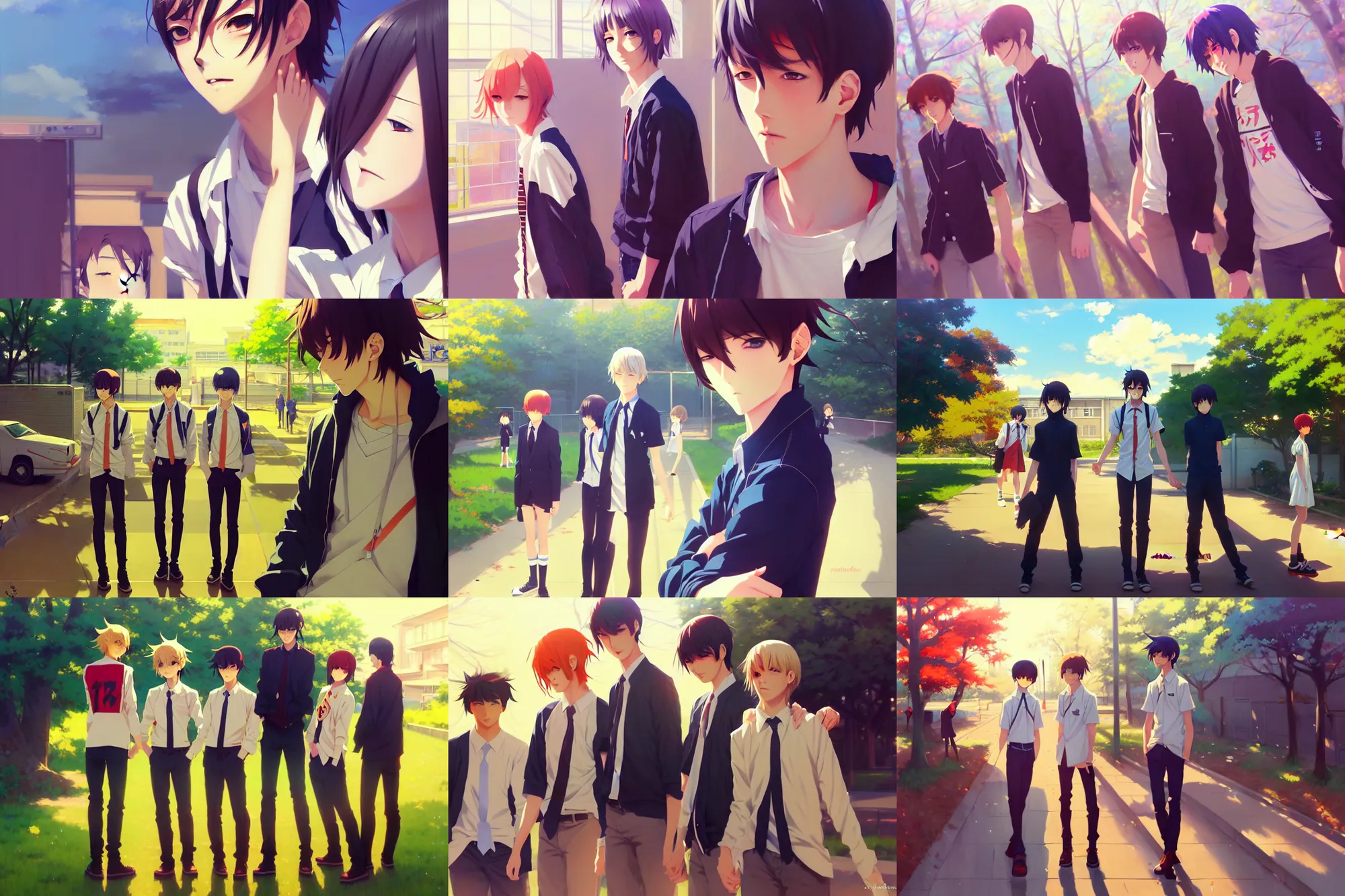 Prompt: boy's love anime high school scene spring noon setting, expert high detail concept art, perfect proportions fine face, tall handsome guys, vivid colors, realistic shaded lighting poster ilya kuvshinov, katsuhiro, jeremy lipkin and michael germash, makoto shinkai, loish and clamp style, trending on art station, best selling artist