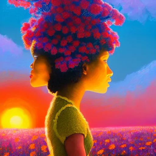 Prompt: afro made of flowers, girl standing in a field with flowers, surreal photography, hills, big trees, sunrise dramatic light, impressionist painting, colorful clouds, digital painting, pointillism, artstation, simon stalenhag