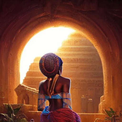 Image similar to highly detailed portrait of an african egyptian goddess, stephen bliss, unreal engine, fantasy art by greg rutkowski, loish, rhads, ferdinand knab, makoto shinkai and lois van baarle, ilya kuvshinov, rossdraws, tom bagshaw, global illumination, radiant light, detailed and intricate environment