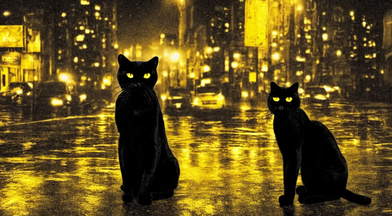 Image similar to a big black cat in a yellow raincoat on a badly lit street, cinematic, realistic, noir