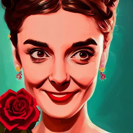 Prompt: beautiful charming goddess of sunshine and roses, inspired by audrey hepburn and tina fey, character art portrait, deviantart artstation, by alena aenami, by michael whelan, behance hd, bokeh