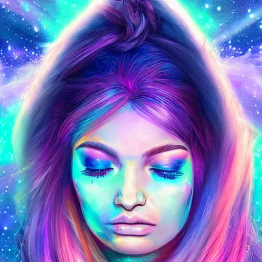 Image similar to a galaxy pink purple and blue colored, psychedelic ethereal portrait, kim petras with her eyes closed, transcending to a higher plane of existence, eternal blessing, multiverse, by android jones, by ben ridgeway, visionary art, by artgerm, featured on artstation, cgsociety, by greg rutkowski